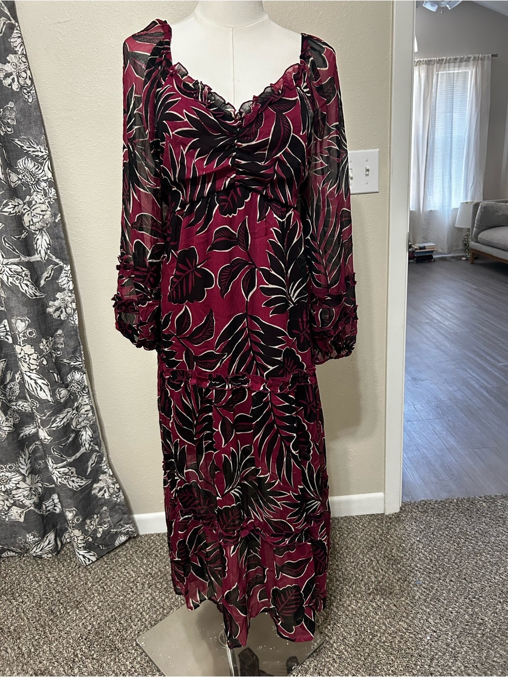 Rewash Burgundy Floral Ruffle Midi Dress with Long Sleeves